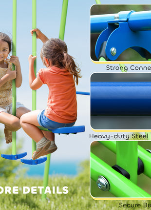 Metal Swing Set with Glider, Two Swing Seats and Adjustable Height, Outdoor Heavy Duty A-Frame Suitable for Playground, Backyard, Green