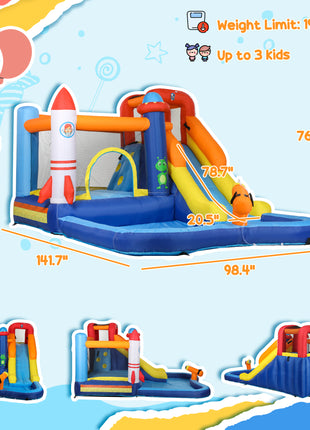5 in 1 Inflatable Bounce House, Water Slide with 550W Blower, Splash Pool, Trampoline, Climbing Wall, Cannon