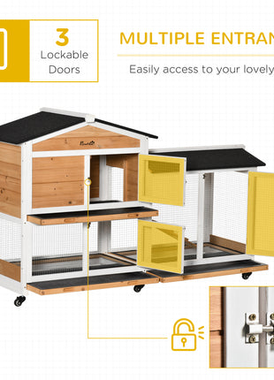 62" Wooden Mobile Rabbit Hutch with Wheels, Run Box, Slide-out Tray, Ramp, Yellow