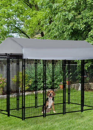 Outdoor Dog Kennel with Roof, 8' x 4' x 6' Heavy Duty Welded Wire Dog Playpen Enclosure with Escape-proof Lock, UV-Resistant & Waterproof Cover, for Large Dogs, Silver