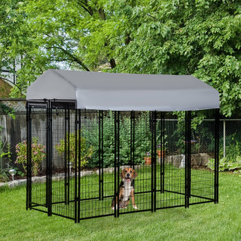 Outdoor Dog Kennel with Roof, 8' x 4' x 6' Heavy Duty Welded Wire Dog Playpen Enclosure with Escape-proof Lock, UV-Resistant & Waterproof Cover, for Large Dogs, Silver