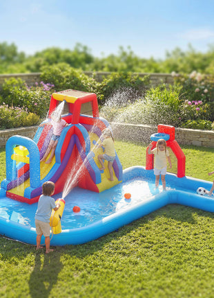 Inflatable Water Slide 6 in 1 with 480W Blower, Bounce House with Climbing Wall, Splashing Pool, Basketball Hoop