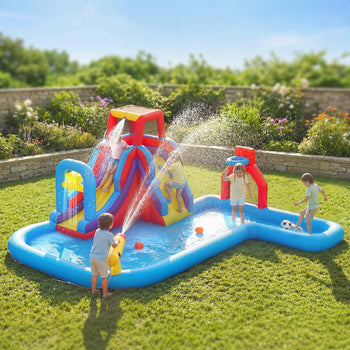 Inflatable Water Slide 6 in 1 with 480W Blower, Bounce House with Climbing Wall, Splashing Pool, Basketball Hoop