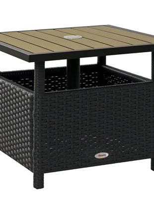 22" Outdoor Side Table with Umbrella Hole, Rattan Wicker End Table with Sand Bag and Steel Frame for Patio, Garden, Backyard, Black & Tan