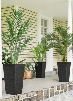 22.8 Inch Set of 3 Outdoor Planters with Stone Finish and Wheels, Stackable Tapered Planters with Drainage Hole, Black
