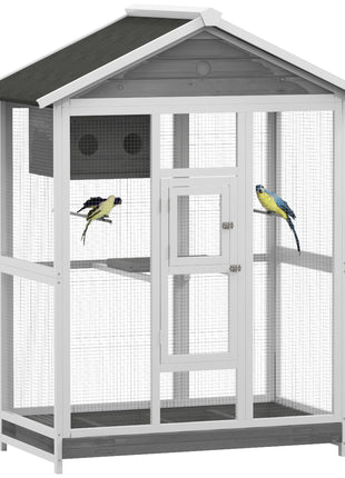 64.5" Wooden Bird Cage Aviary, Flight Cage with 4 Perches, Nest and Slide-Out Tray for Indoor/Outdoor, Gray