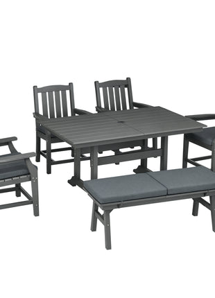6 Pieces Patio Dining Set, 6 Seater Outdoor Table and Chairs, Conversation Furniture, Armrests, Loveseat Bench, Dinner Table with Umbrella Hole, Cushions, Dark Gray