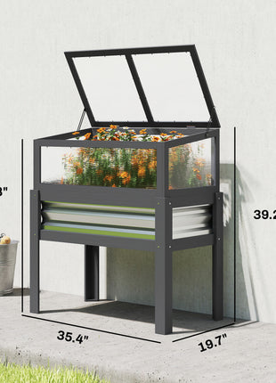Raised Garden Bed with Flip-Up Mini Greenhouse, Elevated Planter Box with Legs and Bed Liner for Flowers, Vegetables