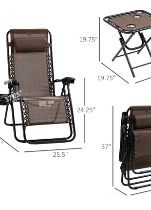 Zero Gravity Chair Set with Side Table, Folding Reclining Chair with Cupholders & Pillows, Adjustable Lounge Chairs for Pool, Backyard, Lawn, Beach, Brown