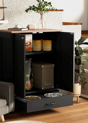 Pet Feeding Station, Dog Food Storage Cabinet w/ Raised Dog Bowls, Adjustable Panel, Hooks for Medium Dogs, Black
