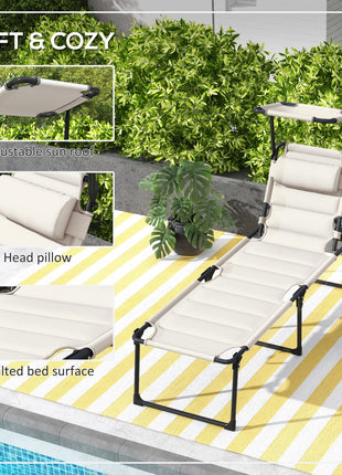 2 Pcs Outdoor Lounge Chair, 4 Position Adjustable Backrest, Folding, Cushioned w/ Sun Shade Roof & Pillow, Cream White