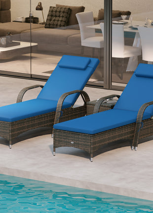 Patio Wicker Chaise Lounge Chair Set of 2 with Table, Adjustable Backrest, Wheels, Cushion & Headrest, Blue
