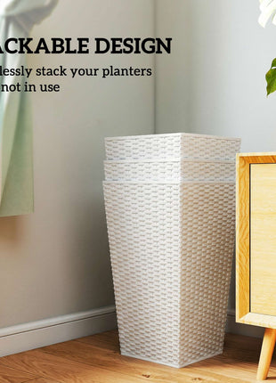 Tall Planters for Outdoor Plants Set of 3, 24 In Taper Planters with Drainage Holes, Rattan Decor Plant Pots, White