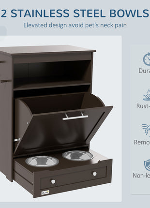 Pet Feeder Station Storage Cabinet, Dog Food Storage Container with Dog Raised Bowls, Watering Supplies, Gray