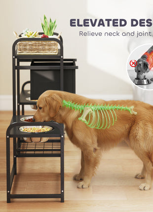 3 Height Adjustable Dog Bowl Stand with 2 Feeding Stations, Toy Bin Basket, Black