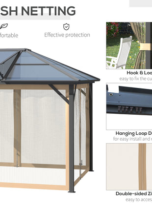 10' x 12' Hardtop Gazebo Canopy with Polycarbonate Roof, Aluminum Frame, Permanent Pavilion Outdoor Gazebo with Netting, for Patio, Garden, Backyard, Deck, Lawn, Gray, Brown
