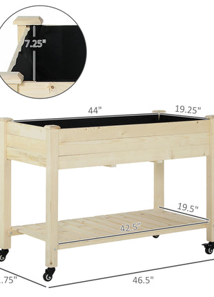 Raised Garden Bed, 47" x 22" x 33", Elevated Wooden Planter Box w/ Lockable Wheels, Storage Shelf, and Bed Liner for Backyard, Patio, Natural