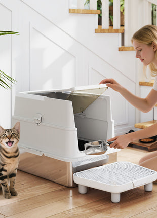 Extra Large Stainless Steel Cat Litter Box for Big Cats with Flip Cover, High-Sided Enclosure & Scoop