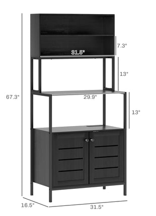 Baker's Rack with Power Outlet and Storage Shelves, Microwave Stand with Louvred Door Cabinets, Black