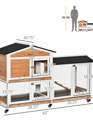 62" Wooden Mobile Rabbit Hutch with Wheels, Run Box, Slide-out Tray, Ramp, Yellow