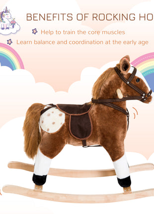 Kids Plush Toy Rocking Horse Pony Toddler Ride on Animal for Girls Pink Birthday Gifts with Realistic Sounds, Brown