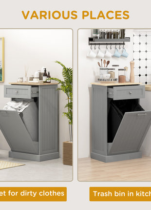 10 Gallon Tilt Out Trash Cabinet, Wooden Hidden Trash Can with Storage Drawer for Kitchen, Laundry Hamper Cabinet for Bathroom, Gray