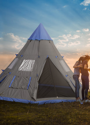 12Ft Camping Tent 6-7 Person 4 Season with 8 Mesh Windows, Outdoor Teepee Tent with Waterproof Material