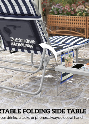 Tanning Chair Set of 2 with Face Hole and Side Table, 5-Position Folding Outdoor Chaise Lounge Chair, Blue and White