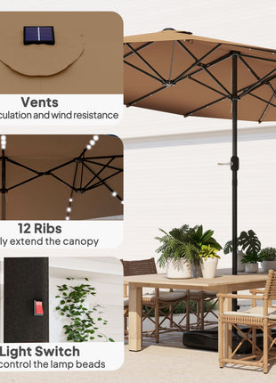 Garden Parasol 14.4 ft. Double-Sided Sun Umbrella with Base, Patio Parasol with LED Solar Lights, Khaki