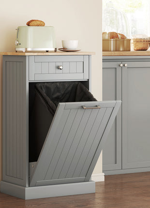10 Gallon Tilt Out Trash Cabinet, Wooden Hidden Trash Can with Storage Drawer for Kitchen, Laundry Hamper Cabinet for Bathroom, Gray