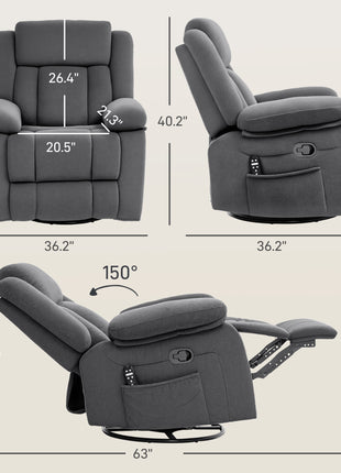 Recliner Massage Armchair with Heat, Oversized Swivel Rocker with Footrest, Remote and Side Pockets, Gray