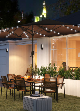 Garden Parasol, Double-Sided Sun Umbrella with LED Solar Lights, Patio Parasol for Outdoor, Coffee