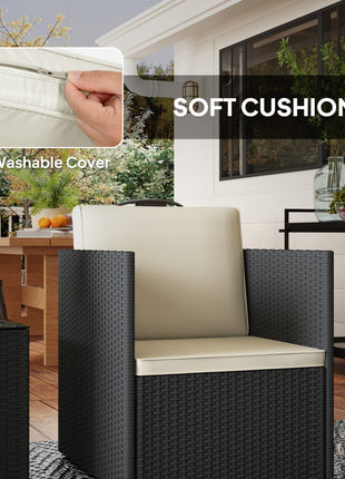 Folding Wicker Bistro Set, 3 Piece Patio Furniture Set with Cushions and Glass Coffee Table for Porch, Balcony, Black