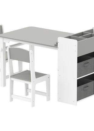 Kids Desk and Chair Set with Paper Roll, Kids Activity Craft Table with Storage Shelves and Drawers, Gray