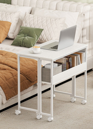 Folding Computer Desk, Foldable Desk with Storage Bag, Shelf and Wheels for Small Spaces, Home Office, White
