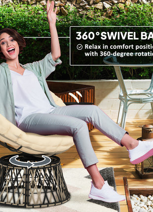 360° Swivel Outdoor Papasan Chair, 39" Overstuffed Circle Chair with Side Tray, Thick Cushion for Indoor Patio, Beige