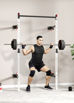 Folding Squat Rack with Pull Up Bar, Wall Mounted and Adjustable, 1000 Pounds Capacity Power Rack, White