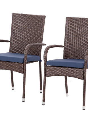 Stackable PE Rattan Outdoor Dining Chairs with Cushion, Patio Wicker Dining Chair with Armrests & Backrest, Blue