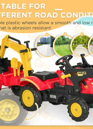 3 in1 Kids Ride On Bulldozer Excavator Toy with 6 Wheels Controllable Cargo Trailer Easy Pedal Controls for 3-6 Years