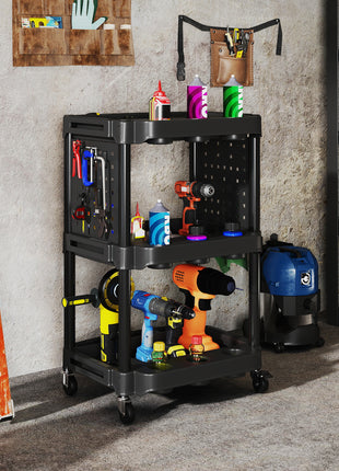 3-Tier Rolling Tool Cart, 200 LBS Capacity Plastic Utility Cart with Side Shelves for Garage Workshop, Black