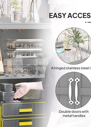 Outdoor Storage Cabinet, Garden Tool Shed with Metal Tabletop and Shelf, Wooden Potting Bench with 2 Doors, Gray
