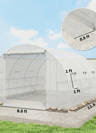 10'x11'x6' Walk-in Tunnel Greenhouse with Shelves, Mesh Door and Windows, Hoop House Greenhouse with PE Cover, White