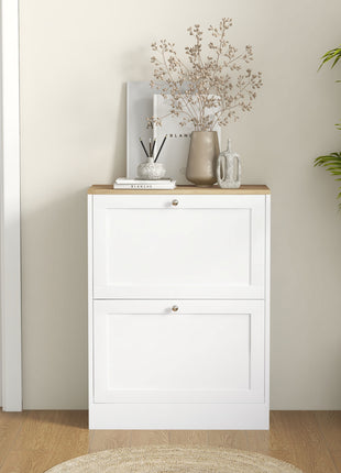 Slim Shoe Storage Cabinet, Modern Shoe Cabinet with 2 Flip Drawers and Adjustable Shelves for 8-12 Pairs, White
