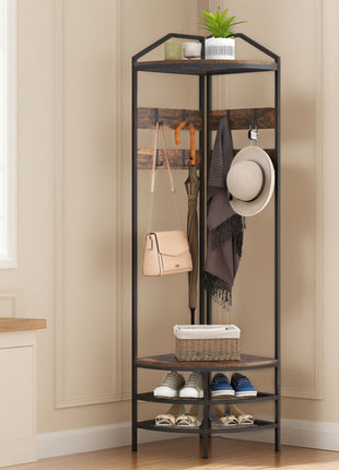 Corner Hall Tree, Industrial 4-Tier Coat Rack with Shoe Storage, 8 Movable Hooks and 2 Shelves for Hallway, Rustic Brown