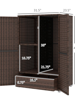 Outdoor Storage Cabinet with Shelves, Rattan Pool Towel Storage Cabinet with Removable Shelf & Drawer, Mixed Brown