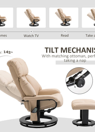 10-Point Massage Recliner Chair, Vibration Massage Sofa with Ottoman Footrest, Faux Leather and Swivel Wood Base for Living Room & Bedroom, Beige
