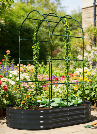 Galvanised Raised Garden Bed with Arched Trellis, 5 x 3 x 6ft Metal Outdoor Planter Box with Open Bottom, Dark Gray