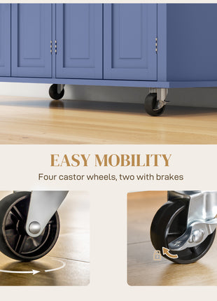 Kitchen Island on Wheels, Rolling Cart with Rubberwood Top, Spice Rack, Towel Rack and Drawers, Navy Blue