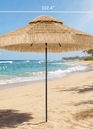 8.5 FT Hula Thatched Tiki Patio Umbrella, 2-Tier Tropical Hawaiian Style Outdoor Umbrella with 8 Ribs, UPF30+, Khaki