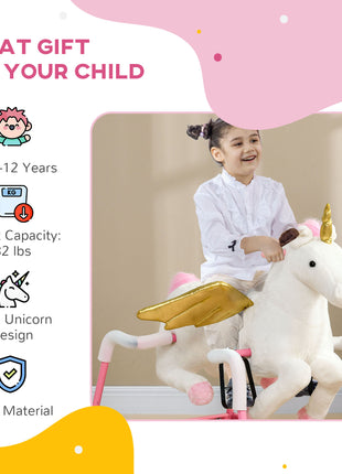 Kids Spring Rocking Horse Unicon, Ride on Horse for Girls and Boys with Sounds, Plush Animal Ride-on Toy with Soft Feel, Interactive Toy for Kids, Pink